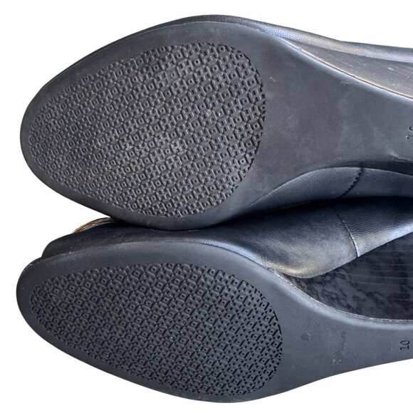 Tory Burch Black Leather Wedge Peep Toe Pumps With Gold Logo Size 10M - Picture 11 of 11